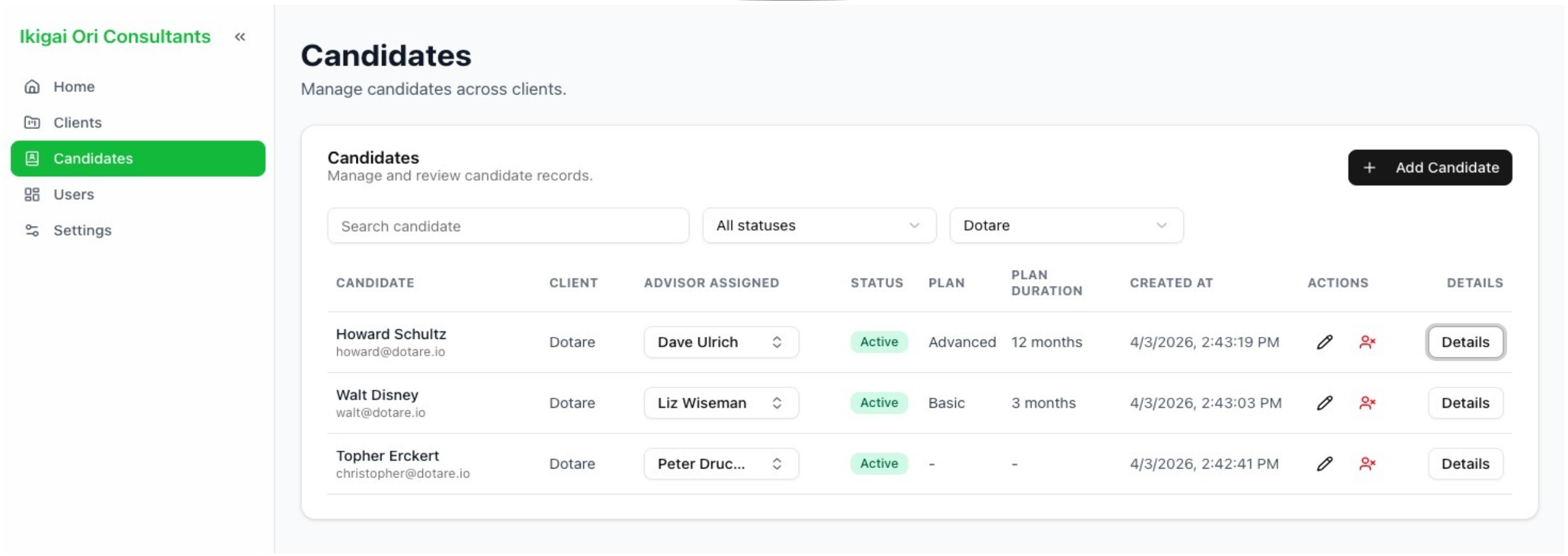VennYou candidate administration dashboard showing clients, assigned advisors, candidate plans, statuses, and actions.