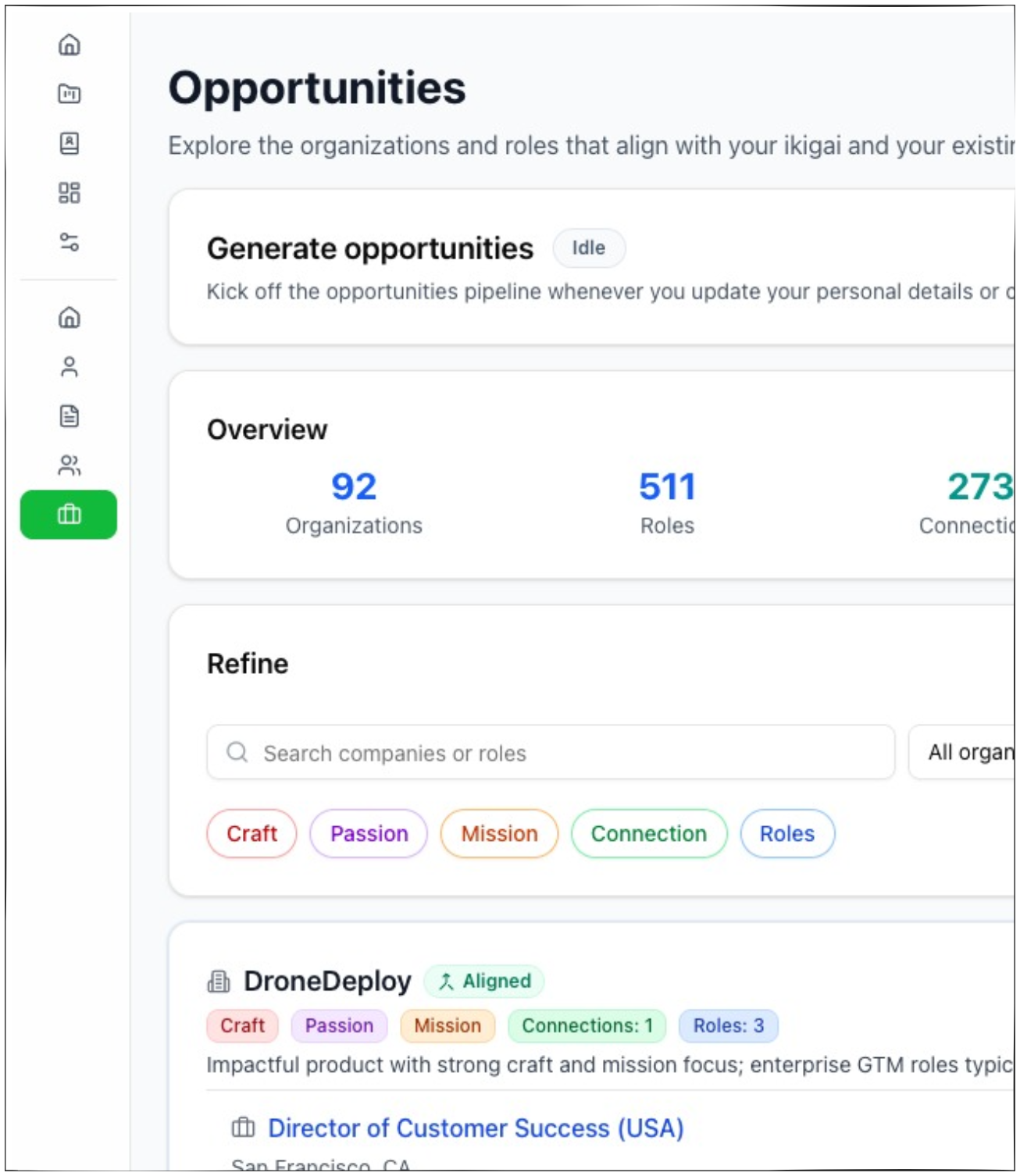 VennYou opportunities dashboard showing generated opportunities, overview metrics, filters, tags, and a matched company.